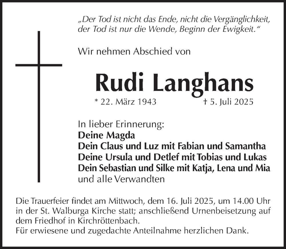  Traueranzeige für Rudi Langhans vom 14.06.2025 aus Pegnitz-Zeitung
