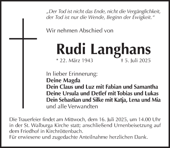 Traueranzeige von Rudi Langhans von Pegnitz-Zeitung