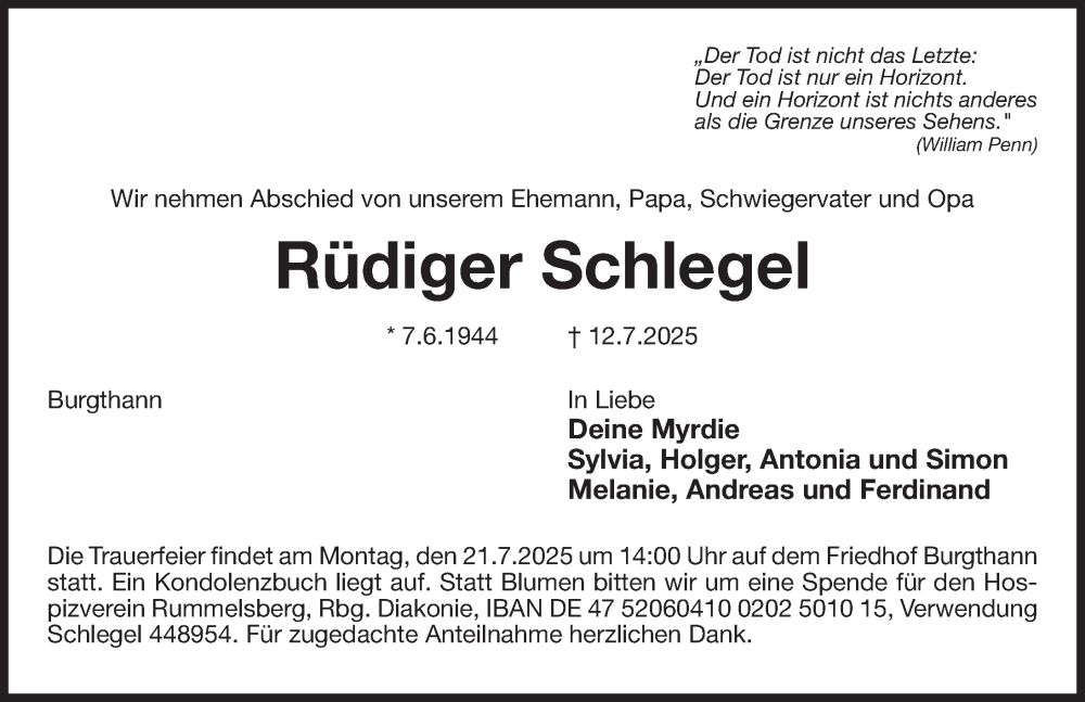  Traueranzeige für Rüdiger Schlegel vom 19.07.2025 aus Der Bote