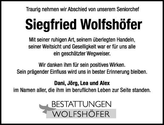 Traueranzeige von Siegfried Wolfshöfer von Hersbrucker Zeitung Lokal