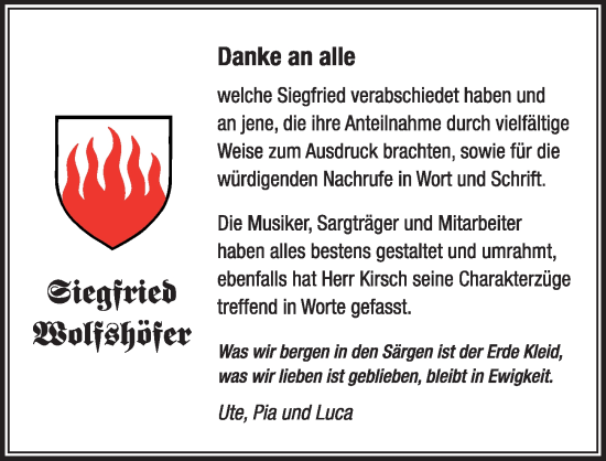Traueranzeige von Siegfried Wolfshöfer von Pegnitz-Zeitung