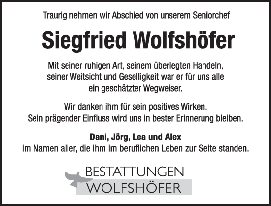 Traueranzeige von Siegfried Wolfshofer von Pegnitz-Zeitung