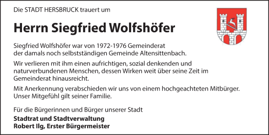 Traueranzeige von Siegfried Wolfshofer von Hersbrucker Zeitung Lokal