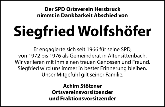 Traueranzeige von Siegfried Wolfshofer von Hersbrucker Zeitung Lokal