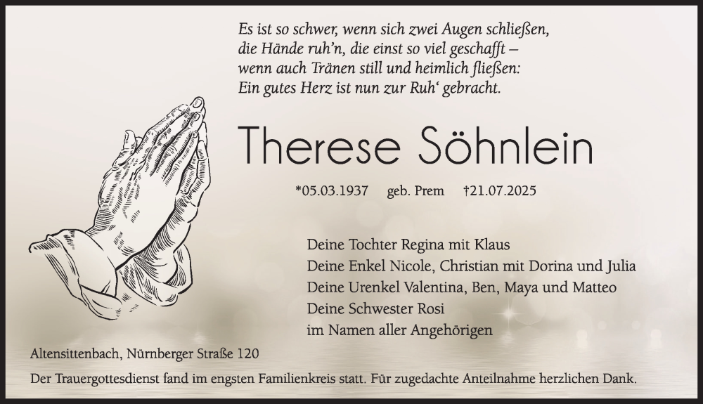  Traueranzeige für Therese Söhnlein vom 26.07.2025 aus Hersbrucker Zeitung Lokal