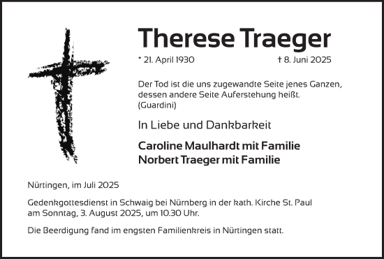 Traueranzeige von Therese Traeger von Pegnitz-Zeitung