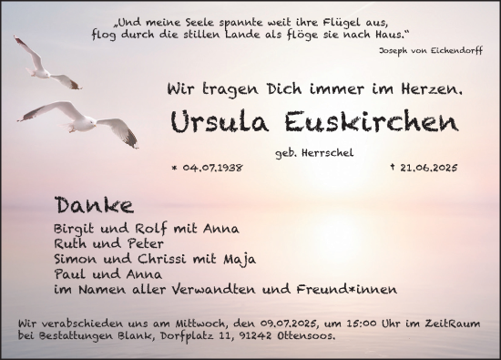 Traueranzeige von Ursula Euskirchen von Hersbrucker Zeitung Lokal