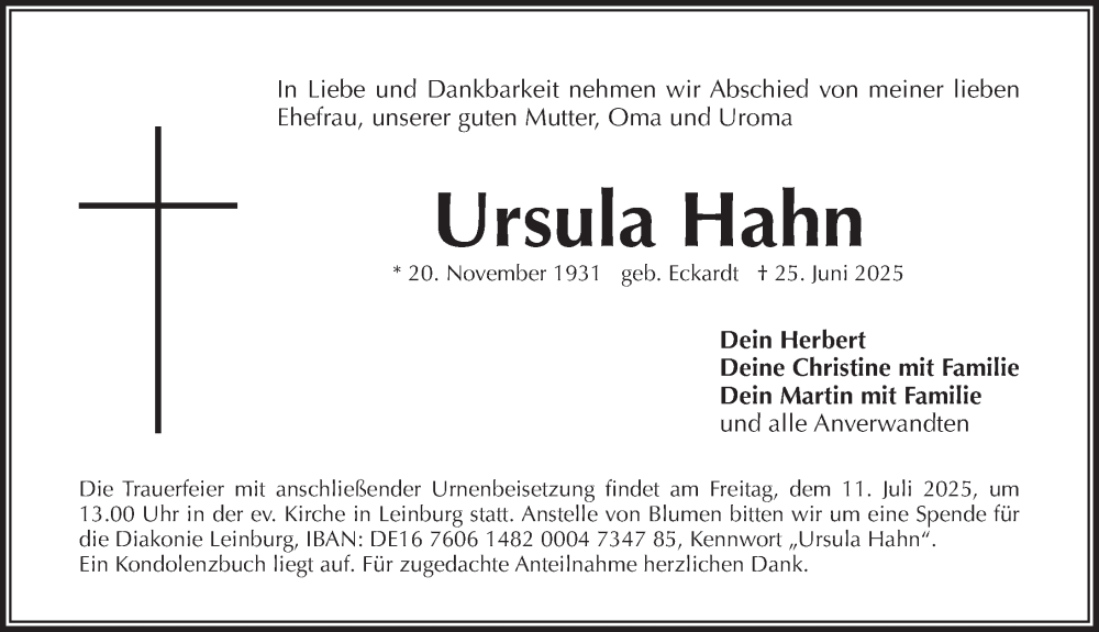  Traueranzeige für Ursula Hahn vom 05.07.2025 aus Pegnitz-Zeitung