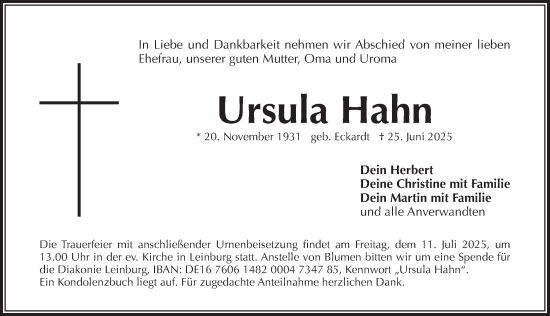 Traueranzeige von Ursula Hahn von Pegnitz-Zeitung