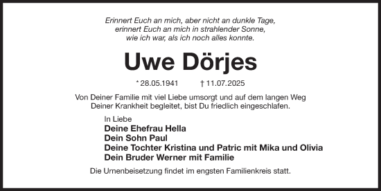 Traueranzeige von Uwe Dörjes von Der Bote