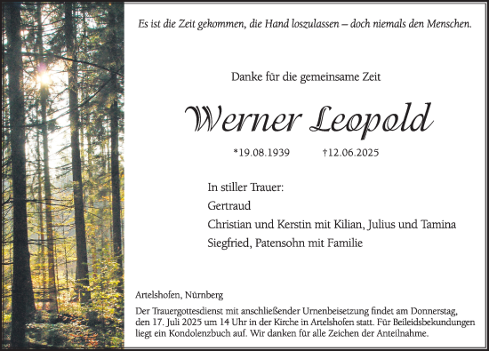 Traueranzeige von Werner Leopold von Hersbrucker Zeitung Lokal
