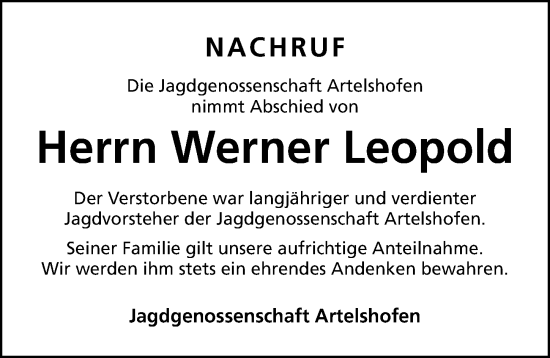 Traueranzeige von Werner Leopold von Hersbrucker Zeitung Lokal