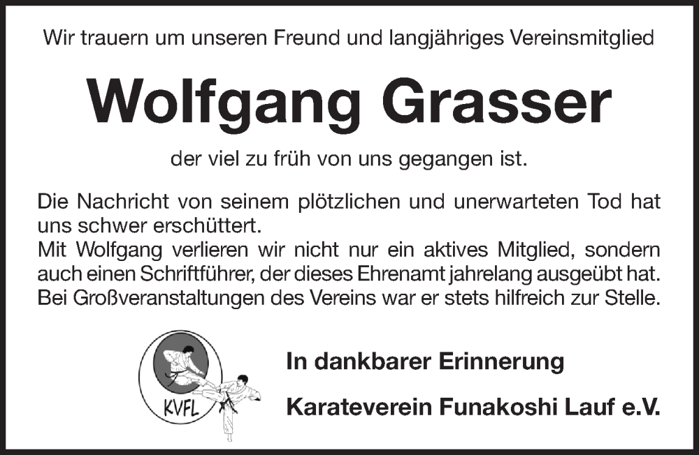  Traueranzeige für Wolfgang Grasser vom 26.07.2025 aus Pegnitz-Zeitung