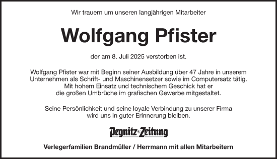 Traueranzeige von Wolfgang Pfister von Pegnitz-Zeitung