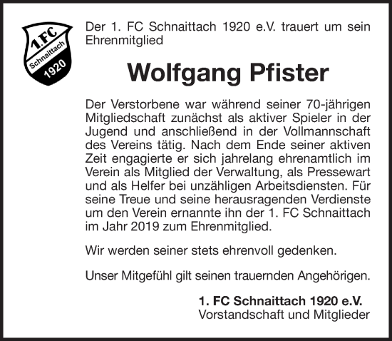 Traueranzeige von Wolfgang Pfister von Pegnitz-Zeitung