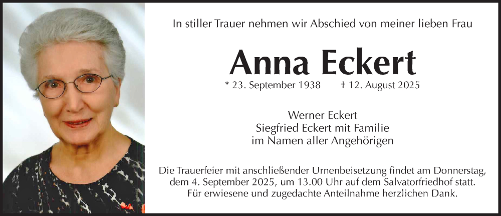  Traueranzeige für Anna Eckert vom 30.08.2025 aus Pegnitz-Zeitung
