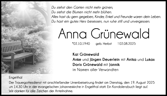 Traueranzeige von Anna Gronewald von Hersbrucker Zeitung Lokal