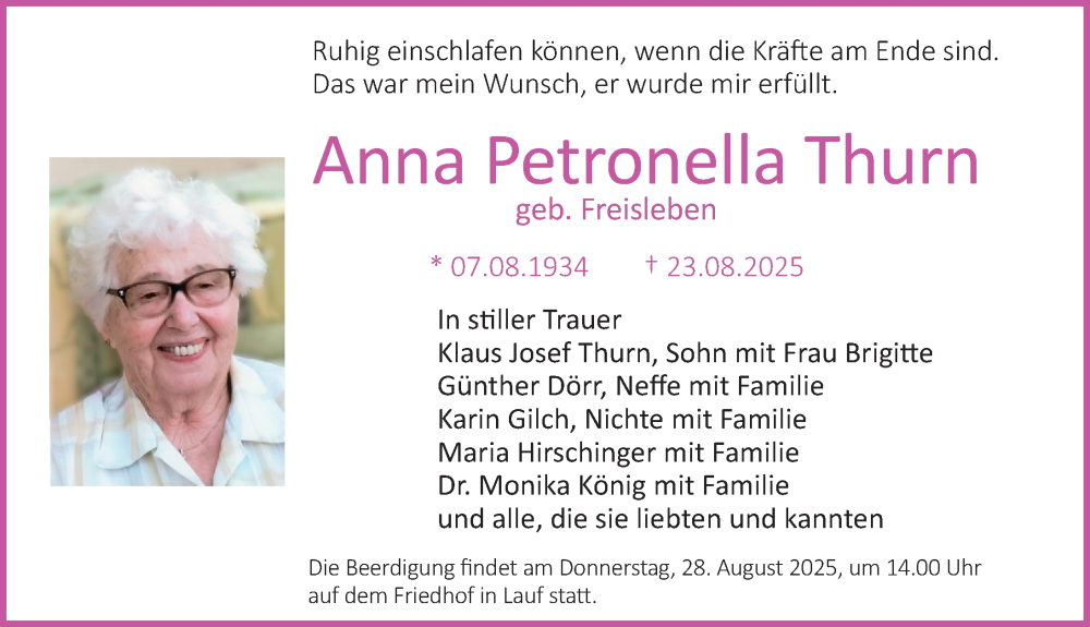  Traueranzeige für Anna Petronella Thurn vom 26.08.2025 aus Pegnitz-Zeitung