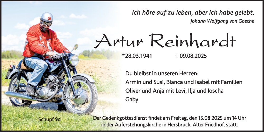  Traueranzeige für Artur Reinhardt vom 13.08.2025 aus Hersbrucker Zeitung Lokal