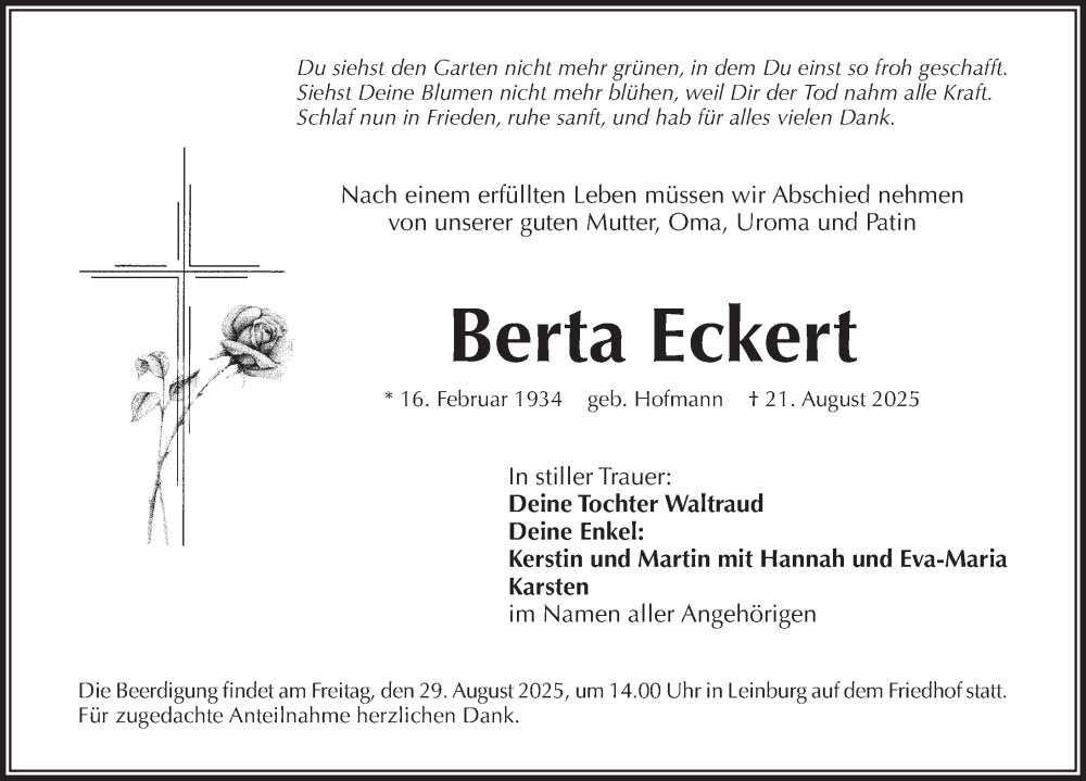  Traueranzeige für Berta Eckert vom 12.07.2025 aus Pegnitz-Zeitung