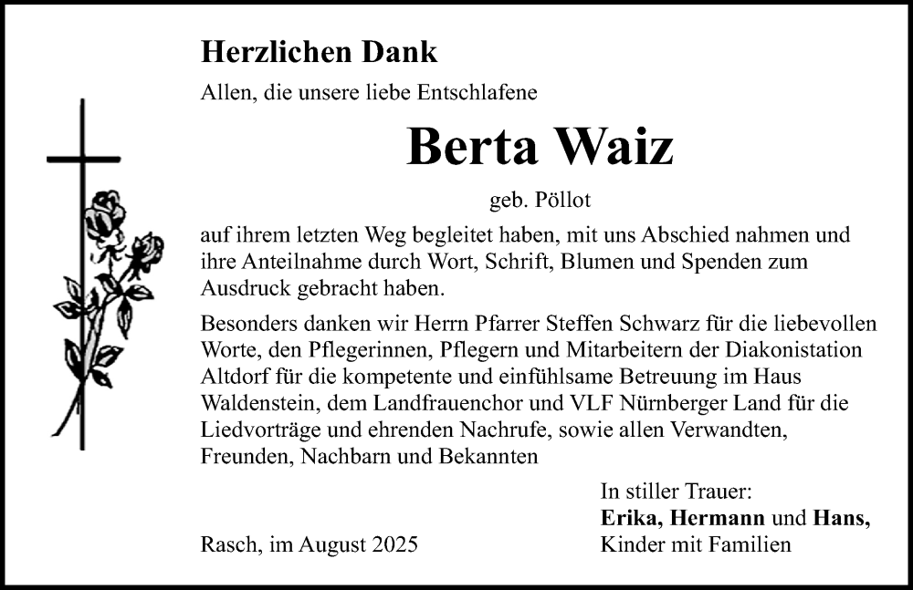  Traueranzeige für Berta Waiz vom 09.08.2025 aus Der Bote