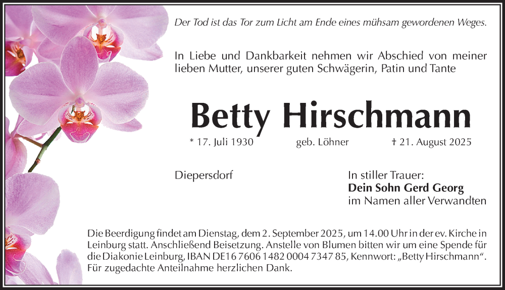  Traueranzeige für Betty Hirschmann vom 30.08.2025 aus Pegnitz-Zeitung