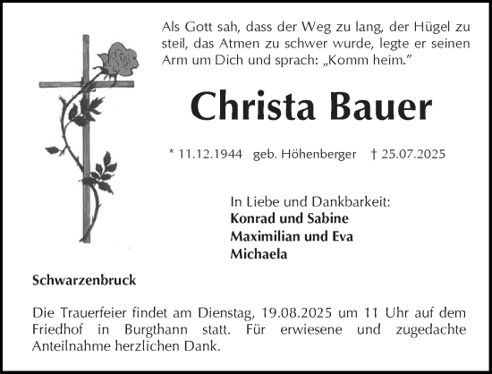 Traueranzeige von Christa Bauer von Der Bote
