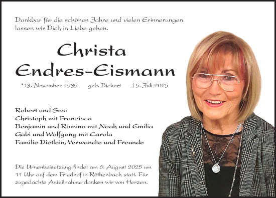 Traueranzeige von Christa Endres-Eismann von Pegnitz-Zeitung