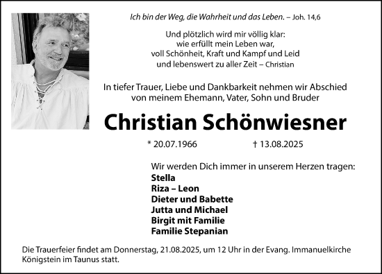 Traueranzeige von Christian Schönwiesner von Hersbrucker Zeitung Lokal