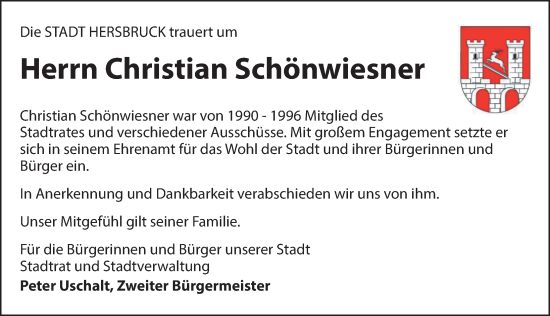 Traueranzeige von Christian Schönwiesner von Hersbrucker Zeitung Lokal