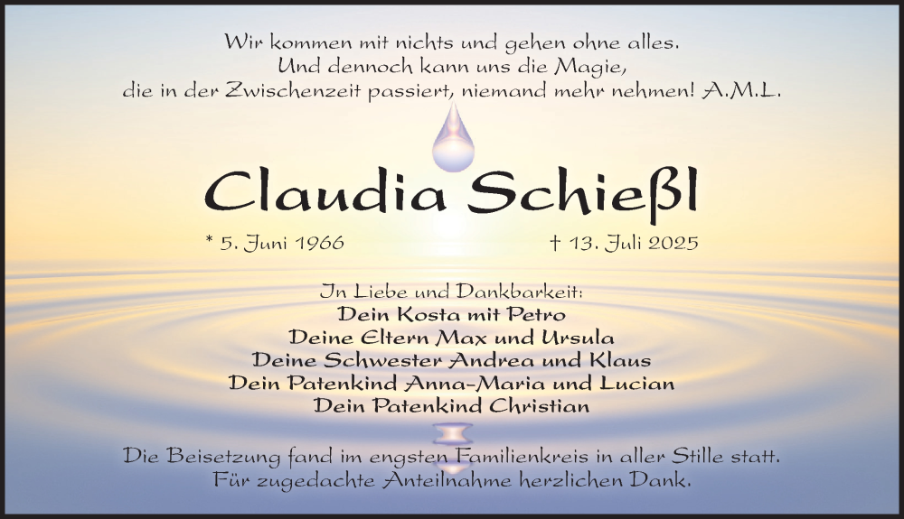  Traueranzeige für Claudia Schießl vom 16.08.2025 aus Pegnitz-Zeitung