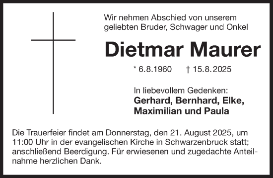 Traueranzeige von Dietmar Maurer von Der Bote
