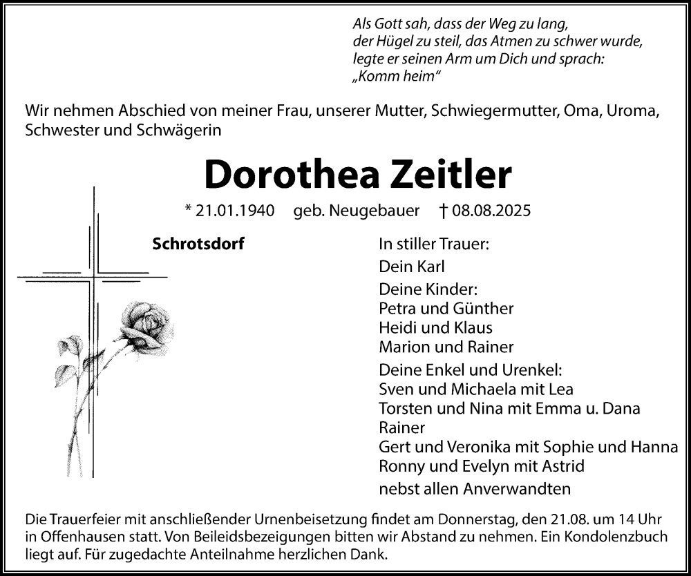 Traueranzeige für Dorothea Zeitler vom 16.08.2025 aus Hersbrucker Zeitung Lokal