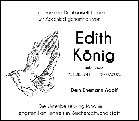 Traueranzeige von Edith König von Hersbrucker Zeitung Lokal