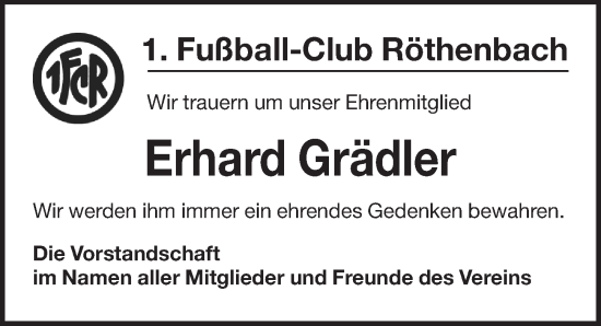 Traueranzeige von Erhard Grädler von Pegnitz-Zeitung