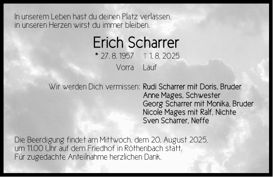 Traueranzeige von Erich Scharrer von Pegnitz-Zeitung