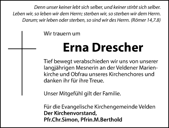 Traueranzeige von Erna Drescher von Hersbrucker Zeitung Lokal
