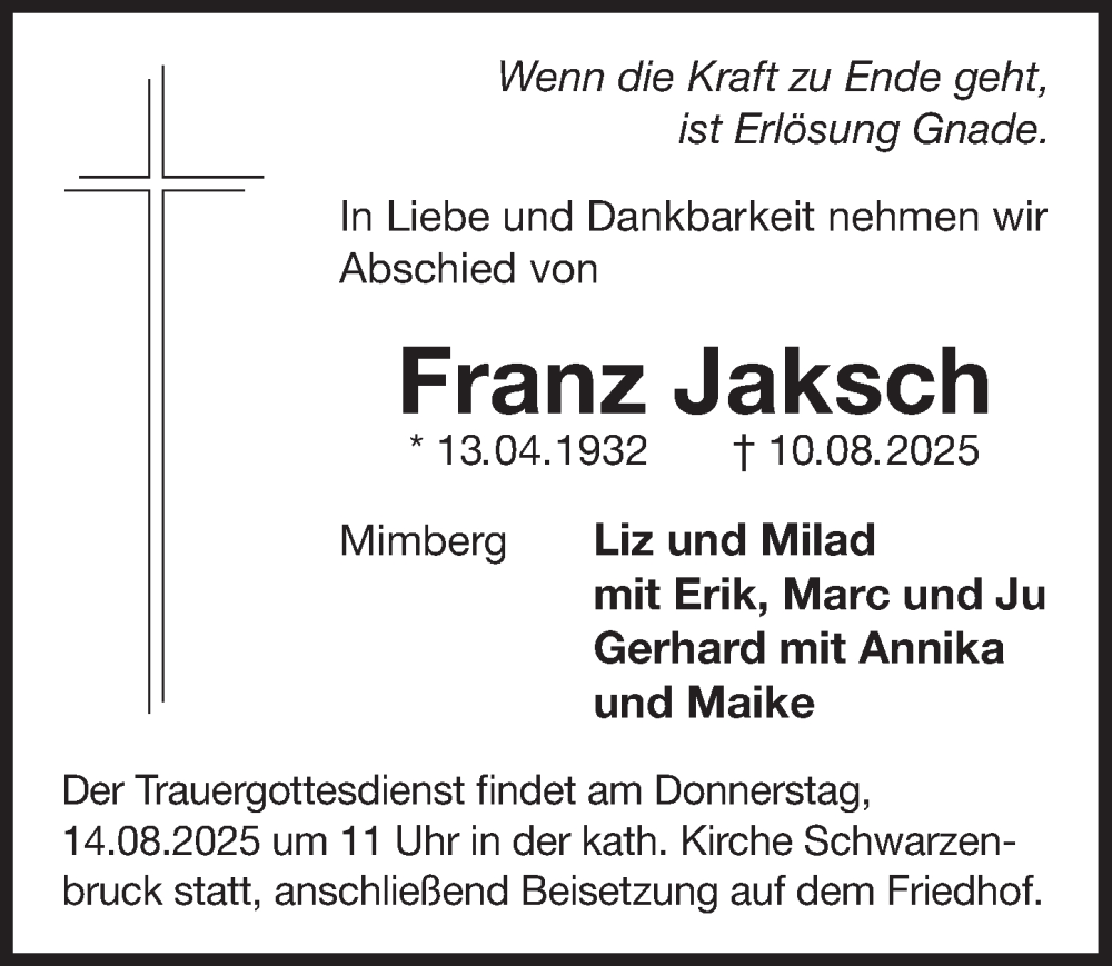  Traueranzeige für Franz Jaksch vom 13.08.2025 aus Der Bote