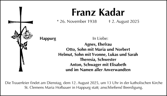 Traueranzeige von Franz Kadar von Hersbrucker Zeitung Lokal