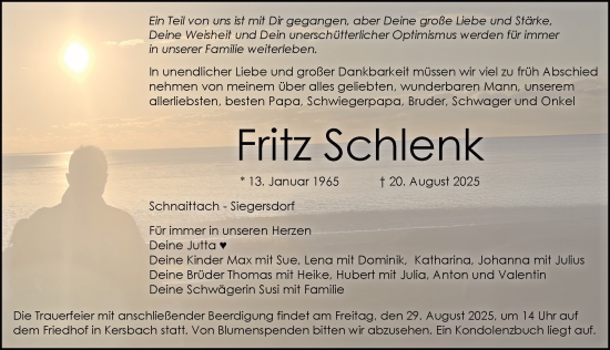 Traueranzeige von Fritz Schlenk von Pegnitz-Zeitung