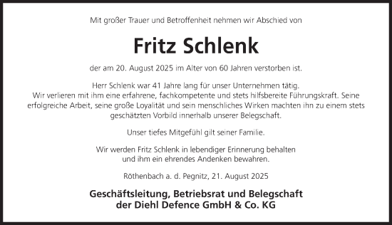 Traueranzeige von Fritz Schlenk von Pegnitz-Zeitung