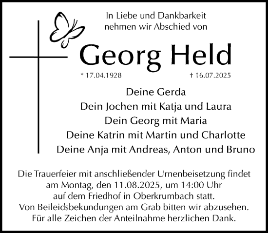 Traueranzeige von Georg Held von Hersbrucker Zeitung Lokal