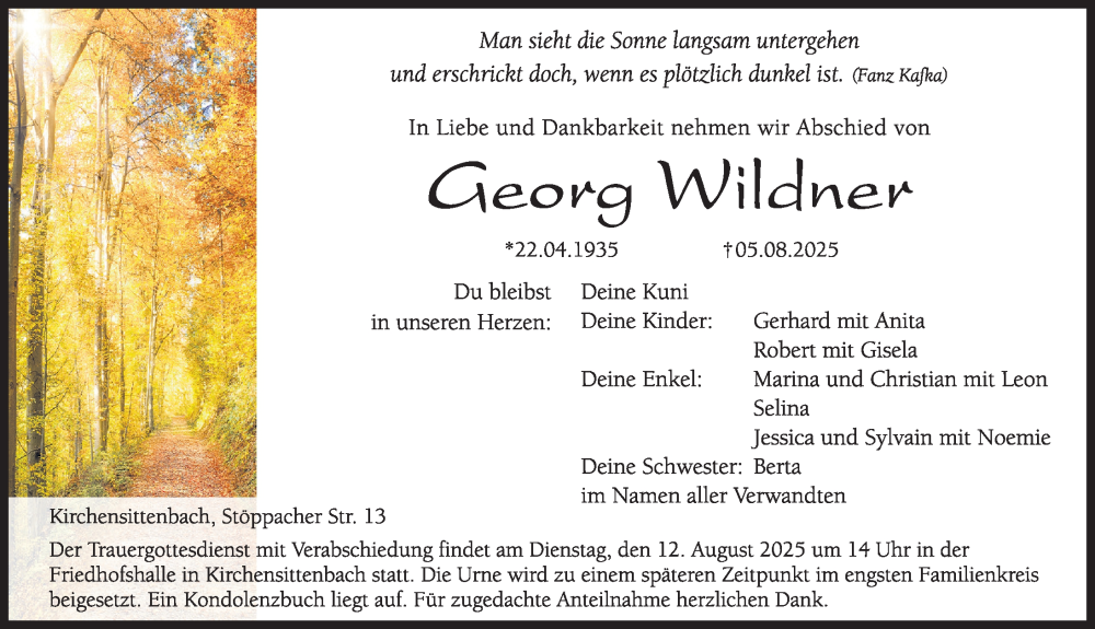  Traueranzeige für Georg Wildner vom 09.08.2025 aus Hersbrucker Zeitung Lokal