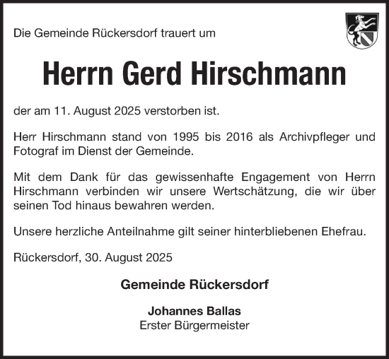 Traueranzeige von Gerd Hirschmann von Pegnitz-Zeitung