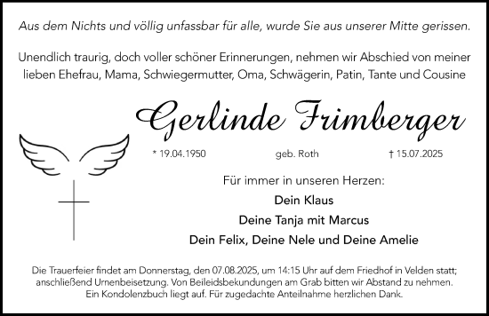 Traueranzeige von Gerlinde Frimberger von Hersbrucker Zeitung Lokal