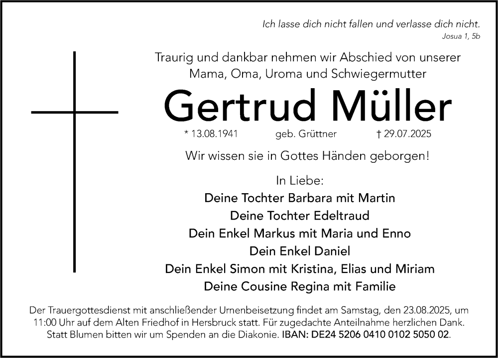  Traueranzeige für Gertrud Müller vom 16.08.2025 aus Hersbrucker Zeitung Lokal