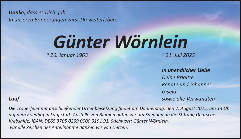  Traueranzeige für Günter Wörnlein vom 02.08.2025 aus Pegnitz-Zeitung