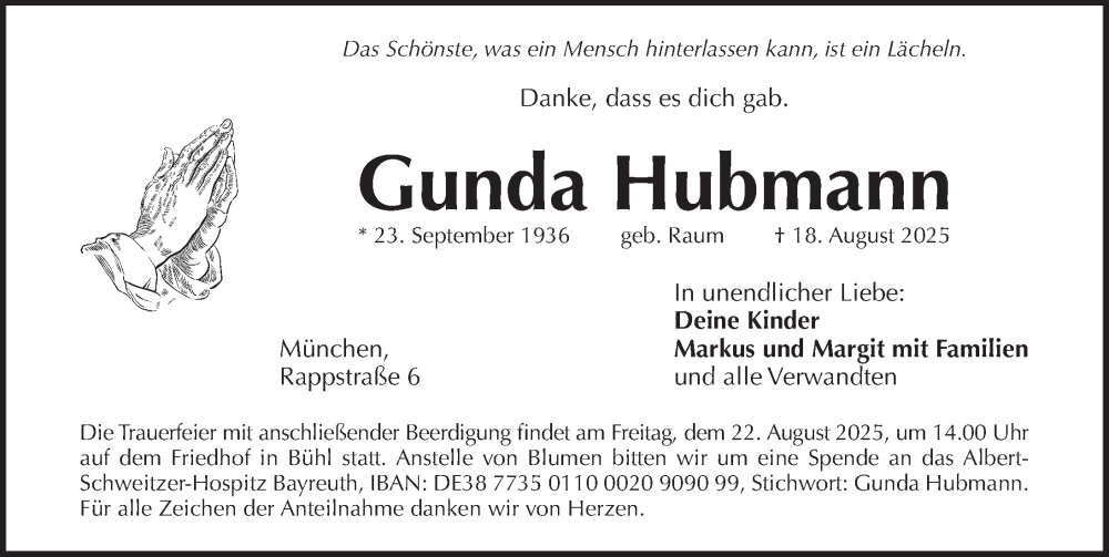  Traueranzeige für Gunda Hubmann vom 21.08.2025 aus Pegnitz-Zeitung