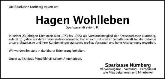 Traueranzeige von Hagen Wohlleben von Hersbrucker Zeitung Lokal