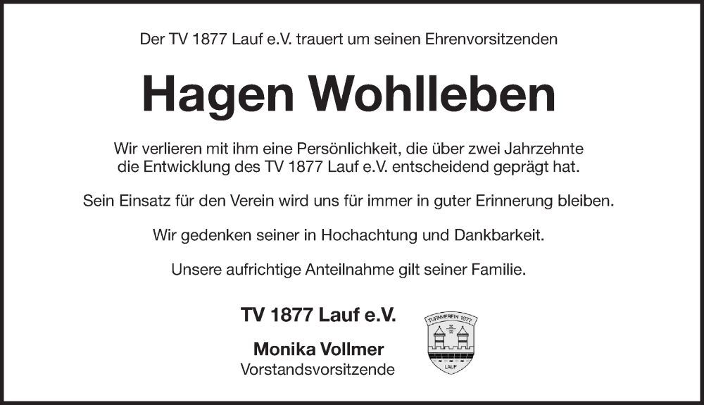  Traueranzeige für Hagen Wohlleben vom 30.08.2025 aus Pegnitz-Zeitung